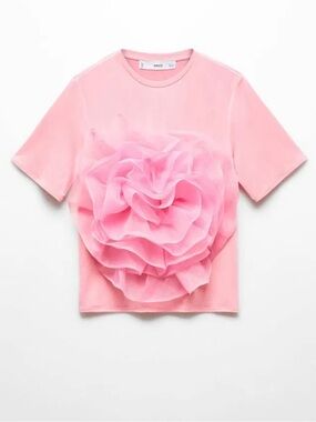 MANGO Pink Floral Appliqué Short Sleeve Top